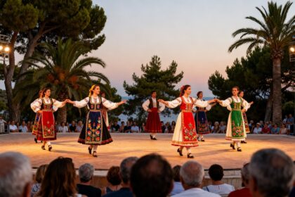 Danseurs en costumes traditionnels sur la scène d'un théâtre de plein air à la tombée du jour