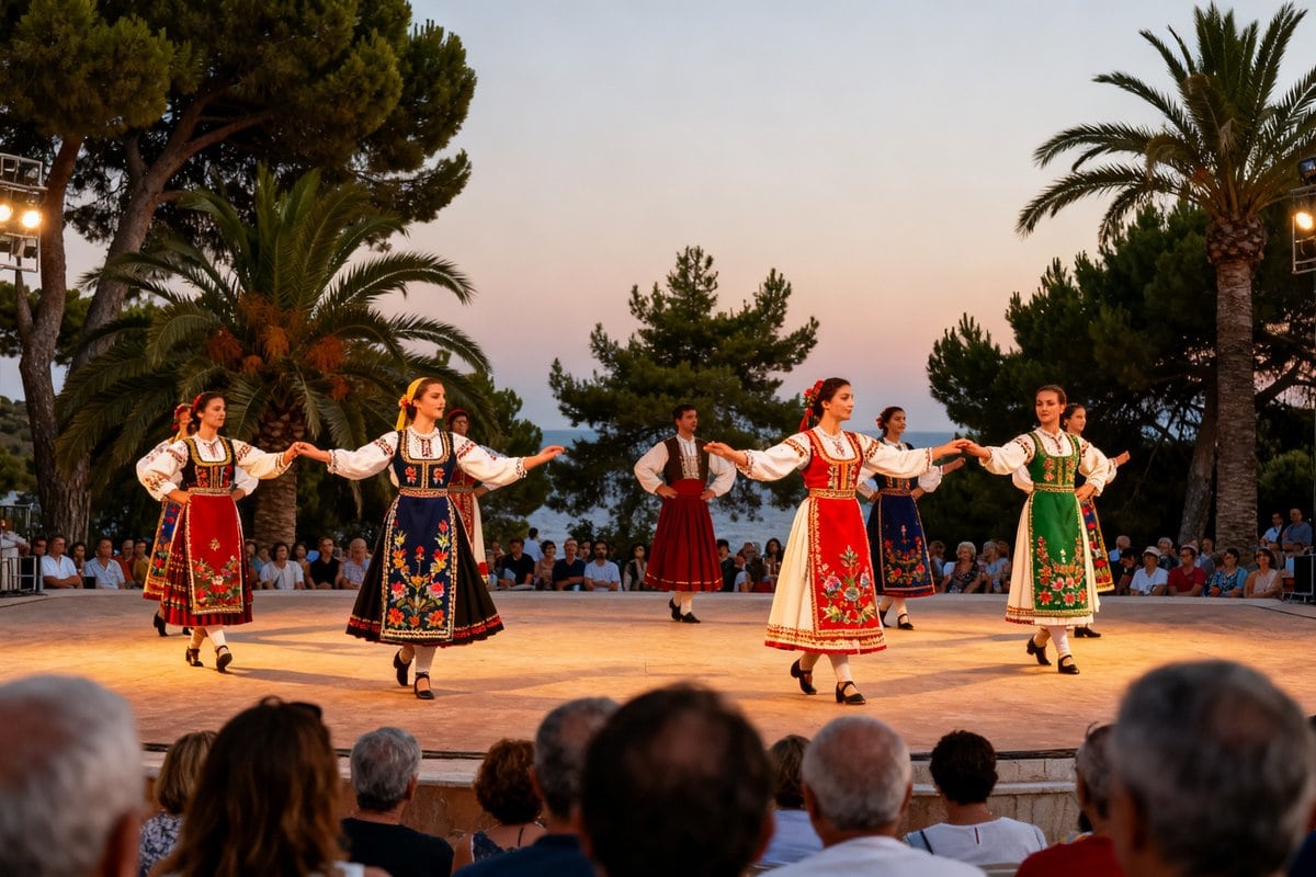 Danseurs en costumes traditionnels sur la scène d'un théâtre de plein air à la tombée du jour