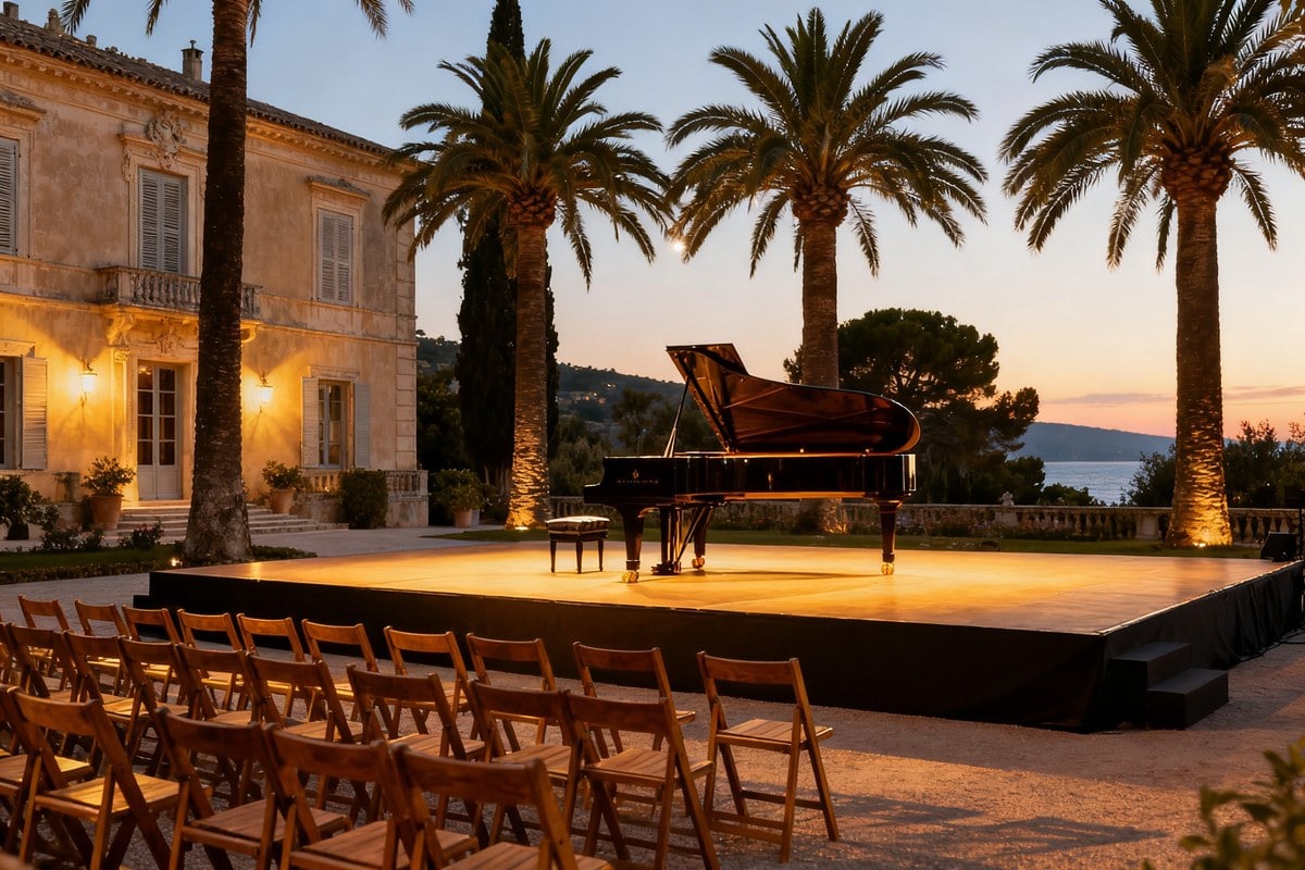 Piano à queue sur une scène en plein air devant une bastide provençale et des palmiers, au crépuscule face à la mer