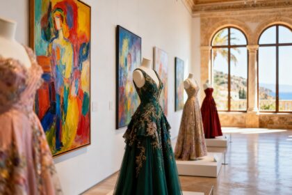 Salle d'exposition aux murs clairs mêlant tableaux colorés et robes de haute couture sur mannequins