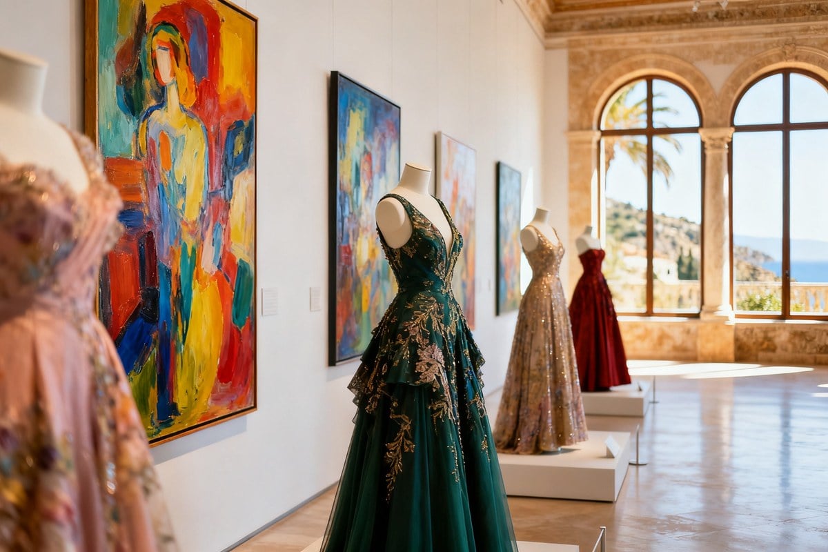 Salle d'exposition aux murs clairs mêlant tableaux colorés et robes de haute couture sur mannequins