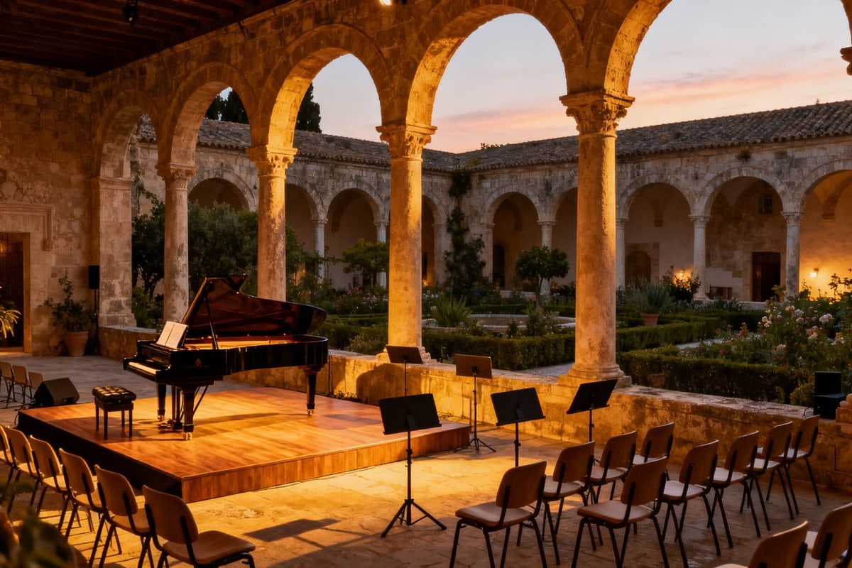 Piano à queue sur une scène en bois sous les arches d'un cloître médiéval, chaises et pupitres vides au crépuscule.
