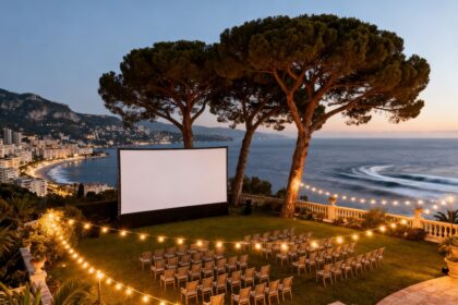 Écran de cinéma en plein air dressé sur une pelouse entre des pins, guirlandes lumineuses et vue sur la côte au crépuscule