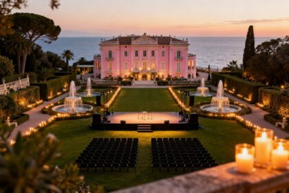 Villa rose Belle Époque face à la mer, scène de concert et fontaines éclairées aux bougies dans un jardin à la française