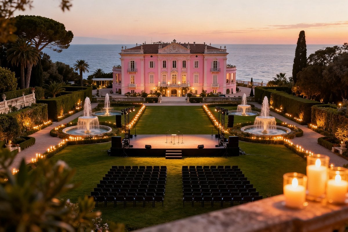Villa rose Belle Époque face à la mer, scène de concert et fontaines éclairées aux bougies dans un jardin à la française