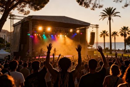 Concert en plein air au coucher du soleil dans un parc face à la mer, foule aux bras levés devant une scène illuminée