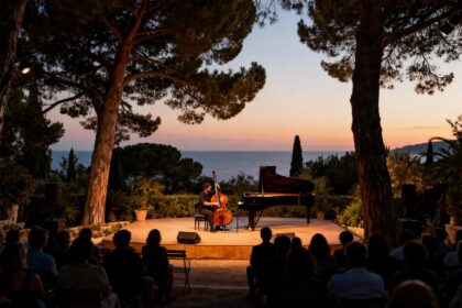 Concert de jazz en plein air au crépuscule dans un jardin méditerranéen, contrebasse et piano sur scène face à la mer