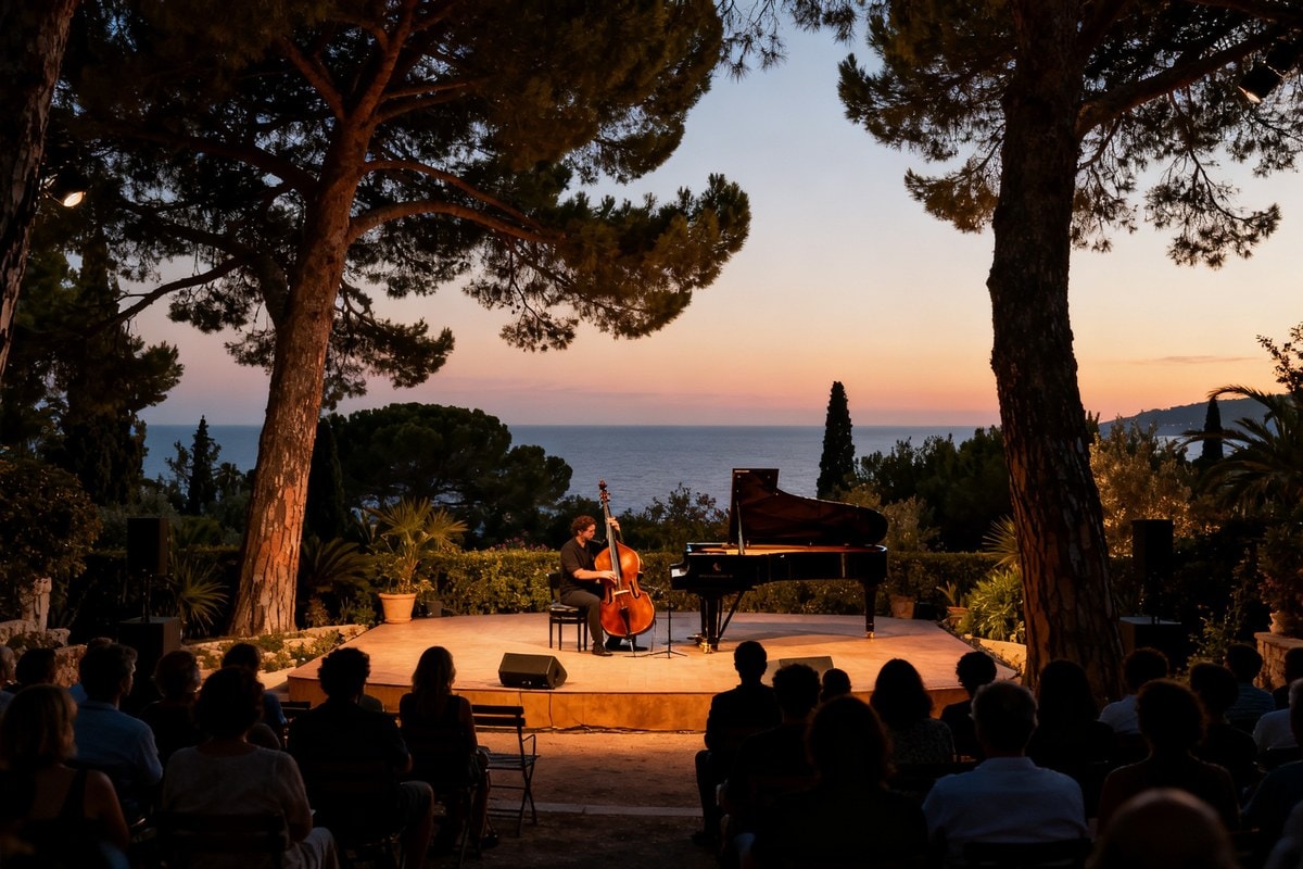 Concert de jazz en plein air au crépuscule dans un jardin méditerranéen, contrebasse et piano sur scène face à la mer