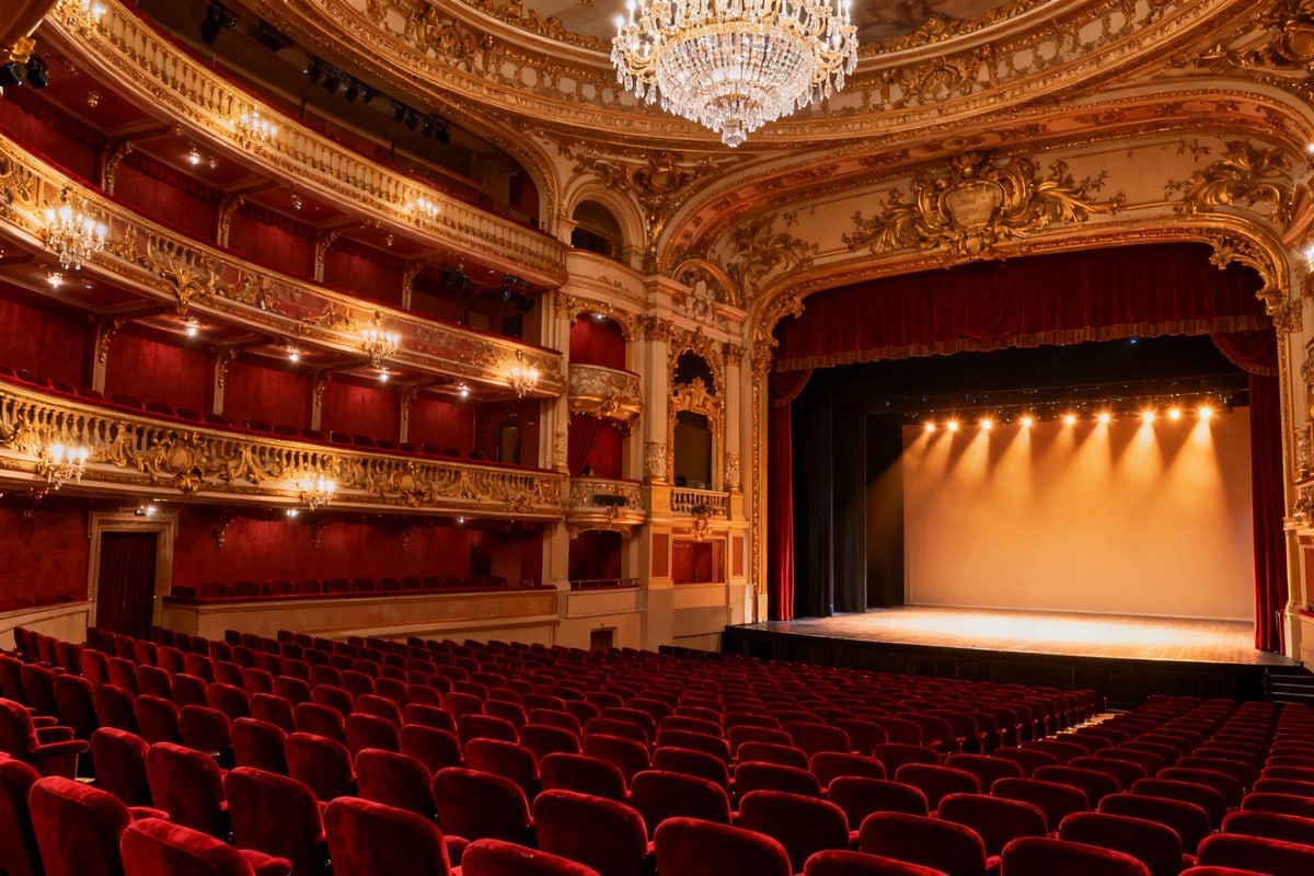 Intérieur doré d'un opéra Belle Époque, fauteuils de velours rouge et lustres, scène éclairée avant un concert