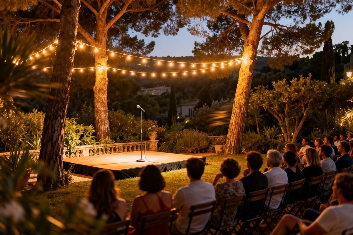 Scène de stand-up en plein air éclairée dans un jardin méditerranéen à la tombée du soir