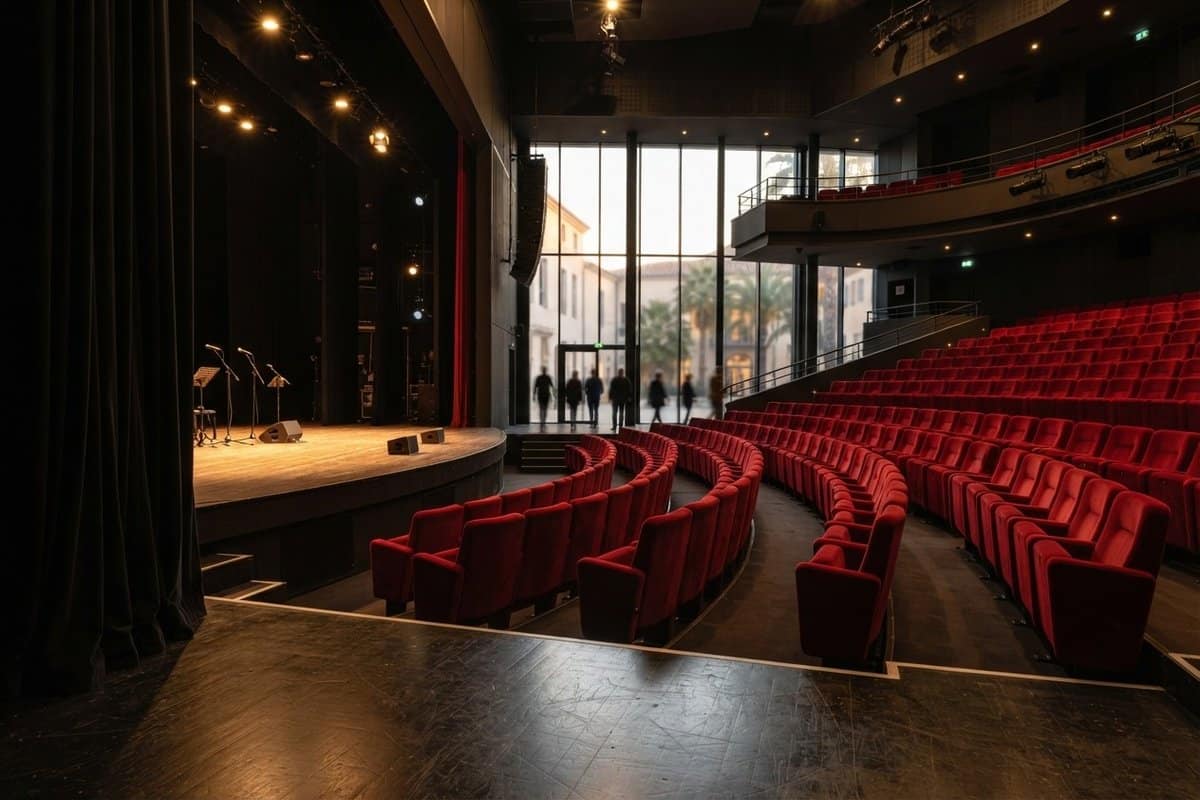 Salle de théâtre contemporaine aux fauteuils rouges, scène en bois éclairée et baie vitrée sur une place