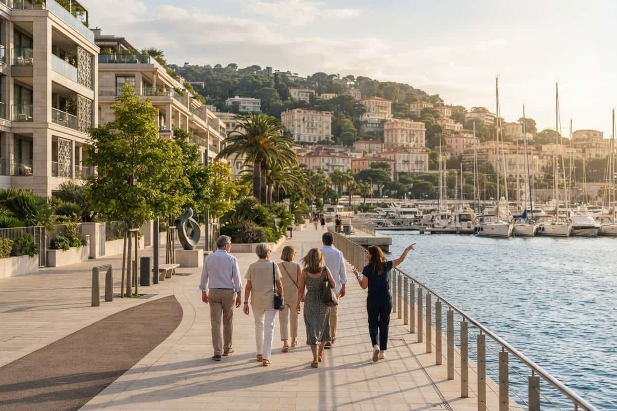 Un petit groupe de visiteurs suit une guide sur une promenade en bord de mer, face à un port de plaisance