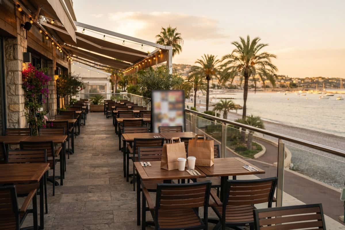 Terrasse en bois d'un restaurant face à la mer, sacs en papier kraft sur une table, palmiers et plage au coucher du soleil