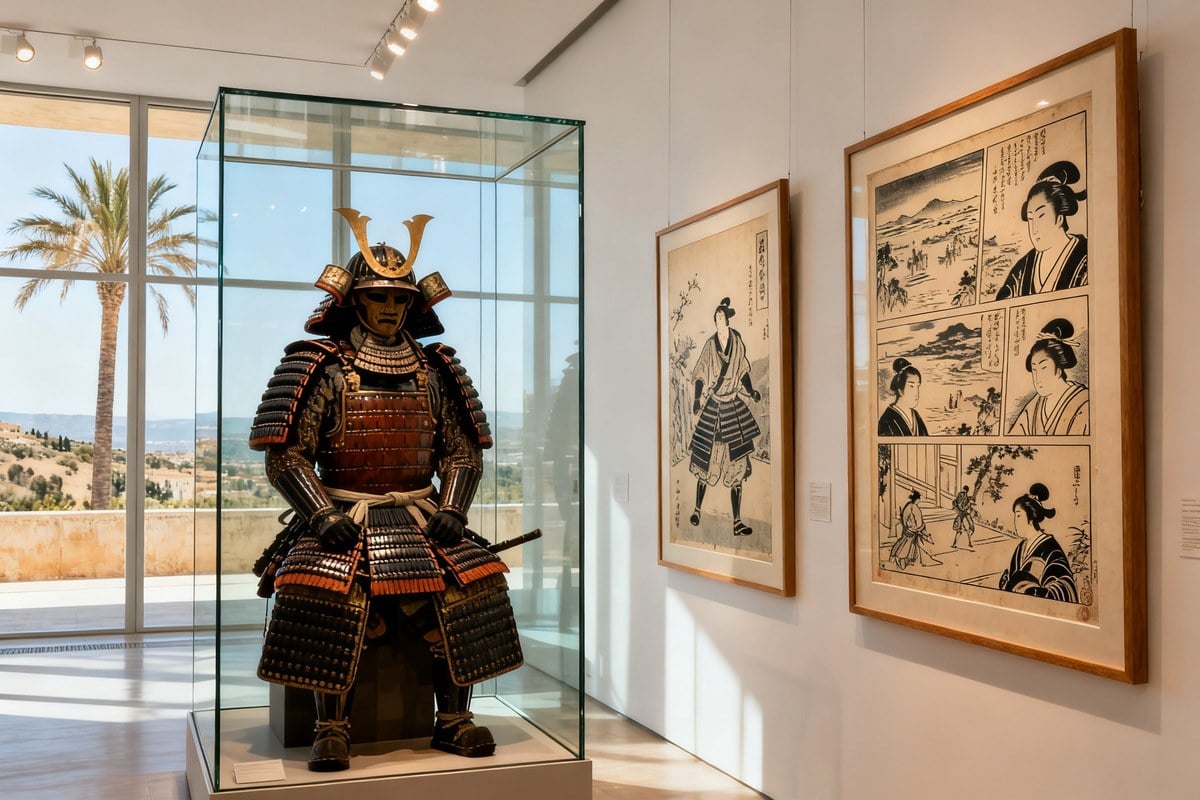 Armure de samouraï en vitrine et estampes japonaises encadrées dans une galerie de musée lumineuse