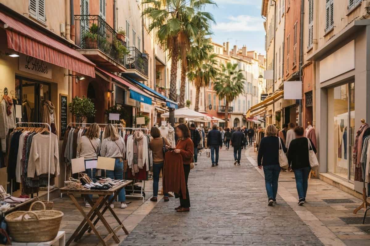 Rue commerçante piétonne bordée de portants de vêtements et de tables, passants sous les palmiers d'une ville azuréenne
