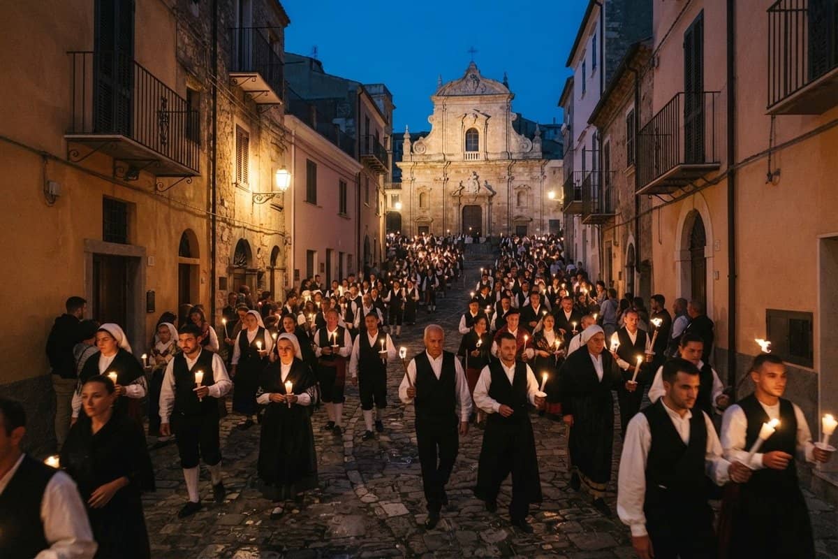 Procession aux bougies dans une ruelle pavée en pente, foule en costume traditionnel noir et blanc, église baroque au fond