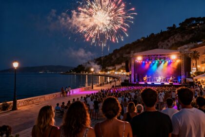 Concert en plein air sur une promenade de bord de mer, foule de dos face à la scène et feu d'artifice au-dessus de la baie