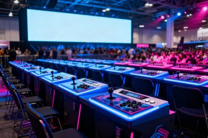 Rangées de bornes d'arcade à joysticks sur des tables éclairées de bleu et rose dans un hall, public en arrière-plan