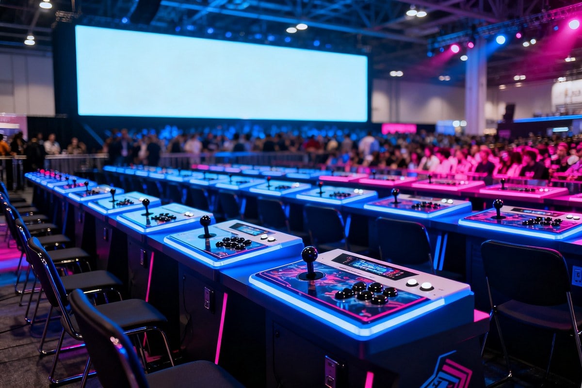 Rangées de bornes d'arcade à joysticks sur des tables éclairées de bleu et rose dans un hall, public en arrière-plan