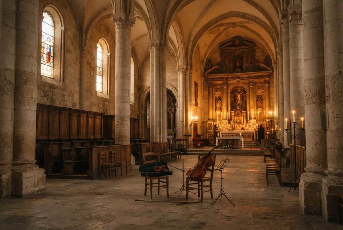 Intérieur d'une cathédrale en pierre à la lueur des bougies, un violoncelle et un violon posés près de l'autel