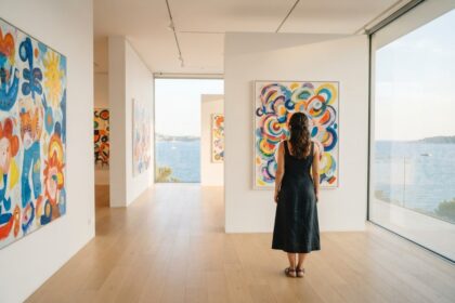 Une visiteuse de dos observe des toiles colorées dans une galerie d'art lumineuse ouverte sur la mer Méditerranée