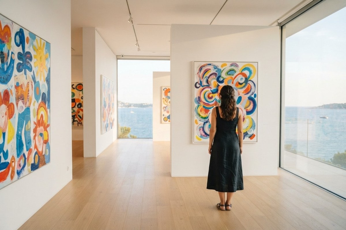Une visiteuse de dos observe des toiles colorées dans une galerie d'art lumineuse ouverte sur la mer Méditerranée