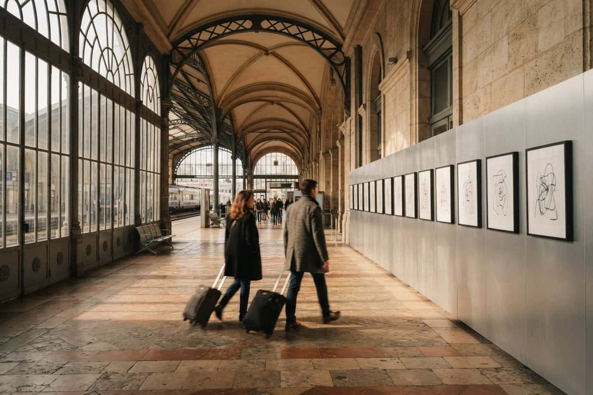Deux voyageurs avec valises passent devant une rangée de dessins encadrés dans un hall de gare ancien