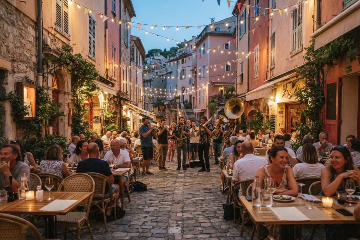 Fanfare de cuivres jouant dans une ruelle pavée en pente, sous des guirlandes lumineuses, entre des terrasses pleines