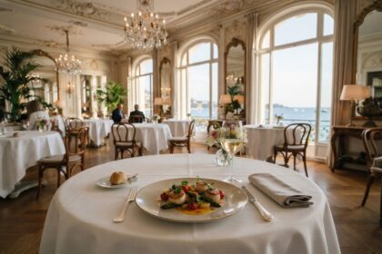 Salle à manger Belle Époque d'un grand hôtel niçois, assiette gastronomique et vue mer par de hautes fenêtres