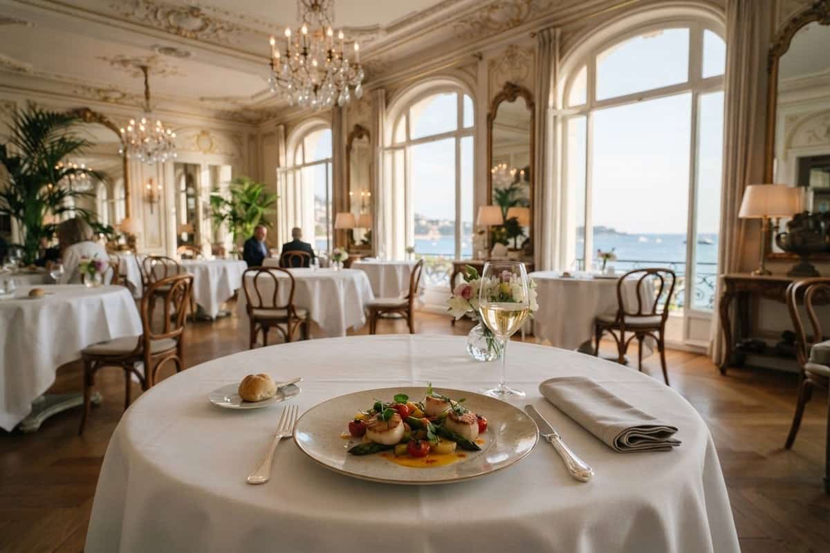 Salle à manger Belle Époque d'un grand hôtel niçois, assiette gastronomique et vue mer par de hautes fenêtres