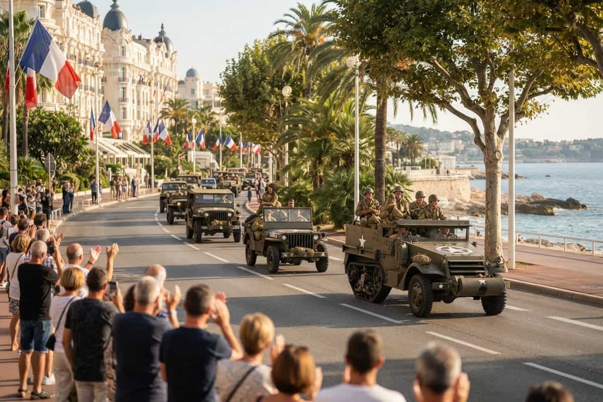 Convoi de jeeps et half-tracks militaires sur un front de mer méditerranéen pavoisé de drapeaux tricolores