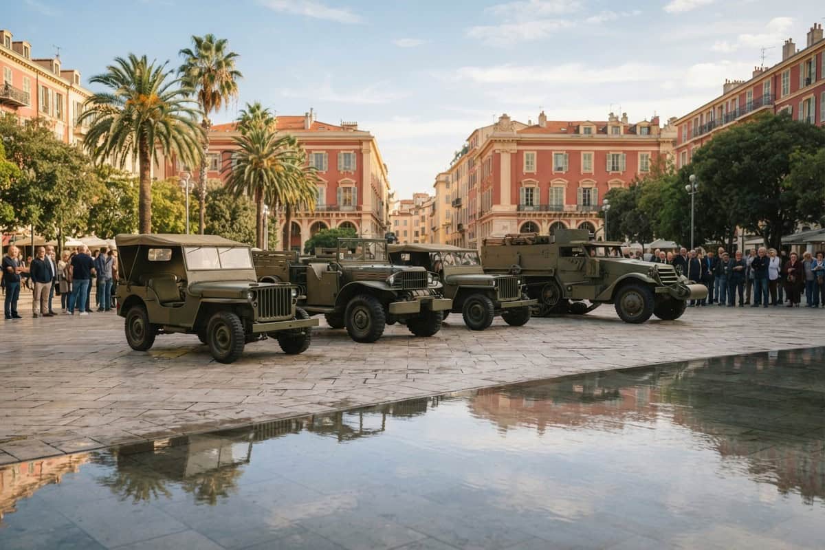Quatre véhicules militaires américains alignés sur une place pavée bordée de palmiers, devant un miroir d'eau