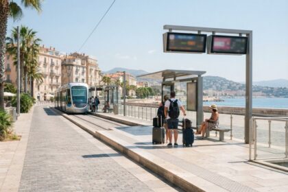 Voyageurs avec valises devant un abri de tramway en bord de mer, une rame approchant sous les palmiers