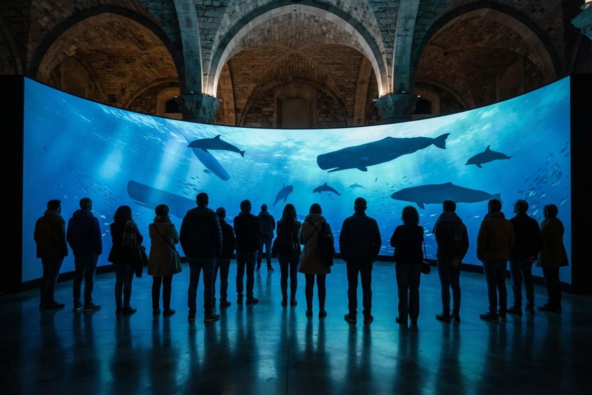 Visiteurs de dos face à un grand écran incurvé bleu montrant cachalots et dauphins, dans une salle voûtée sombre