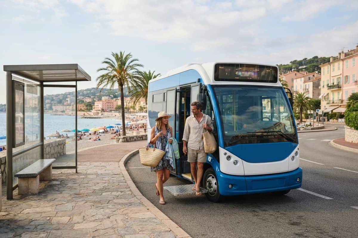 Deux vacanciers avec des sacs de plage descendent d'une petite navette bleue et blanche à un arrêt en bord de mer