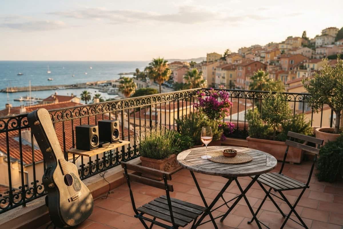 Toit-terrasse avec deux enceintes, une guitare dans son étui et une table face à la baie méditerranéenne au couchant