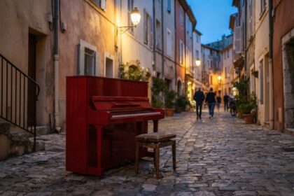 Piano droit rouge et son tabouret en bois posés sur les pavés d'une ruelle de vieille ville au crépuscule