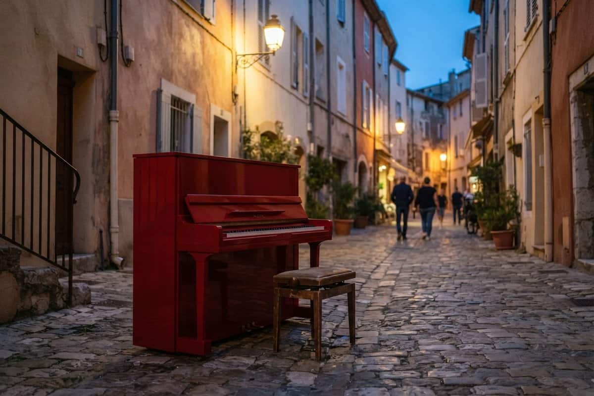 Piano droit rouge et son tabouret en bois posés sur les pavés d'une ruelle de vieille ville au crépuscule