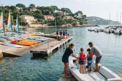 Kayaks, paddles et catamarans alignés sur un ponton de base nautique, enfants en gilets de sauvetage au bord de l'eau
