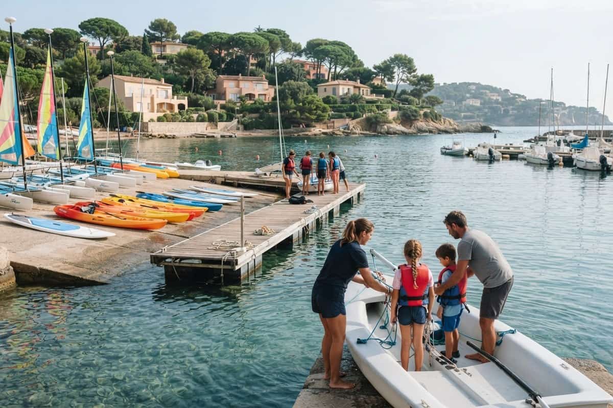 Kayaks, paddles et catamarans alignés sur un ponton de base nautique, enfants en gilets de sauvetage au bord de l'eau