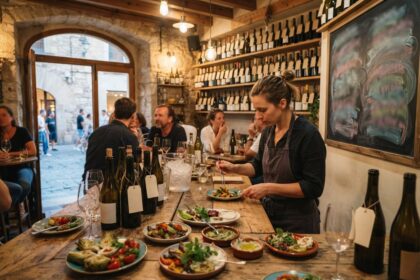 Une cheffe dresse une assiette de légumes sur le comptoir en bois d'une cave à vins naturels.