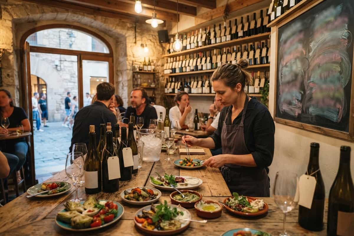 Une cheffe dresse une assiette de légumes sur le comptoir en bois d'une cave à vins naturels.