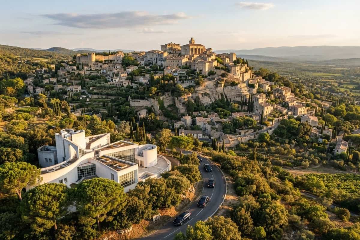 Vue aérienne d'un village provençal perché au soleil couchant, un bâtiment blanc moderne et des voitures noires en contrebas