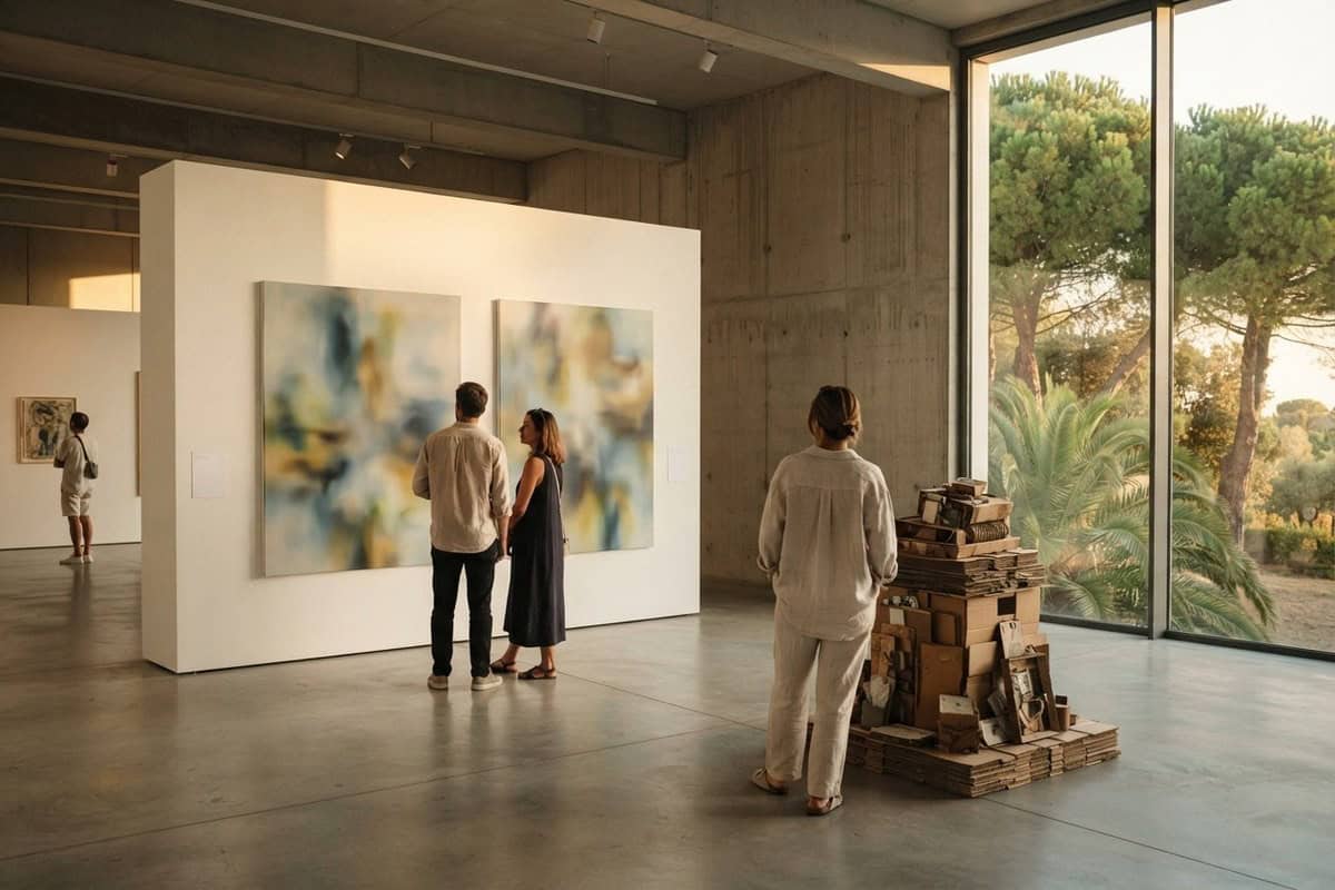 Visiteurs devant deux toiles abstraites dans une salle en béton brut ouverte sur des pins parasols