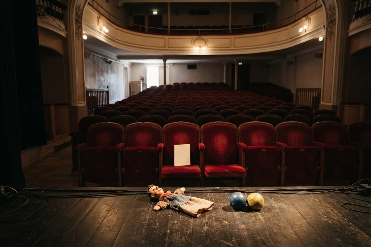 Marionnette à gaine et deux balles de jonglage posées sur la scène d'une salle de théâtre aux fauteuils rouges vides