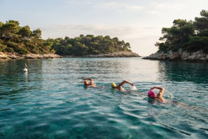 Trois nageurs en bonnets de couleur avancent en crawl dans un chenal turquoise bordé de rives boisées