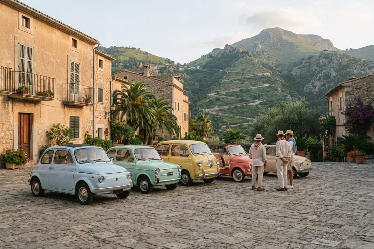 Six petites voitures anciennes de couleurs pastel alignées sur une place pavée d'un village méditerranéen
