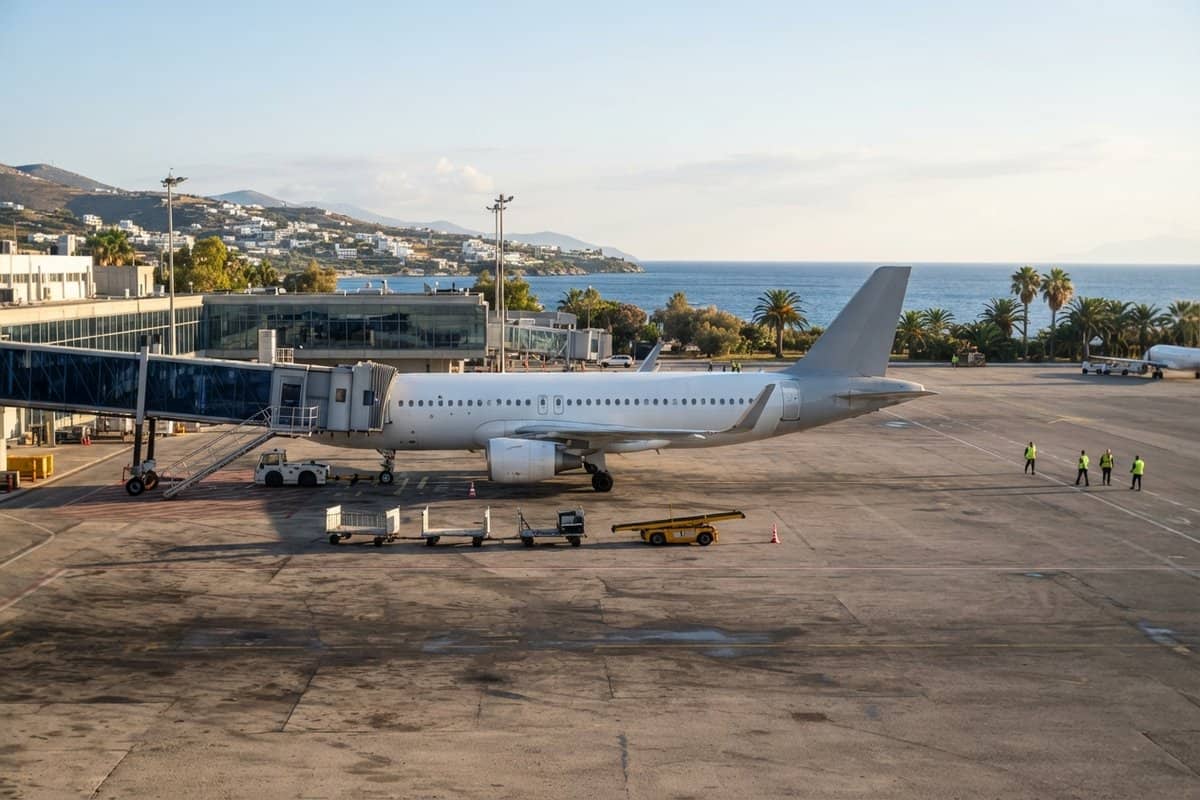 Avion de ligne blanc stationné sur le tarmac d'un aéroport méditerranéen, passerelle en place, mer et palmiers au fond