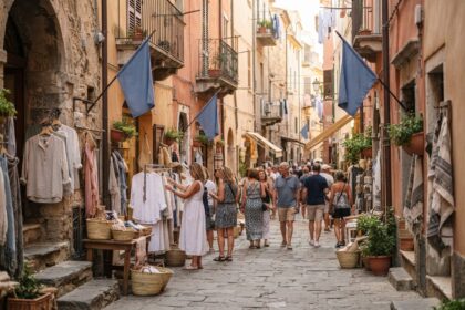 Ruelle pavée d'un vieux quartier méditerranéen bordée de portants de vêtements, de paniers en osier et de drapeaux bleus
