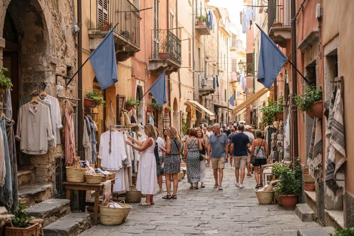 Ruelle pavée d'un vieux quartier méditerranéen bordée de portants de vêtements, de paniers en osier et de drapeaux bleus